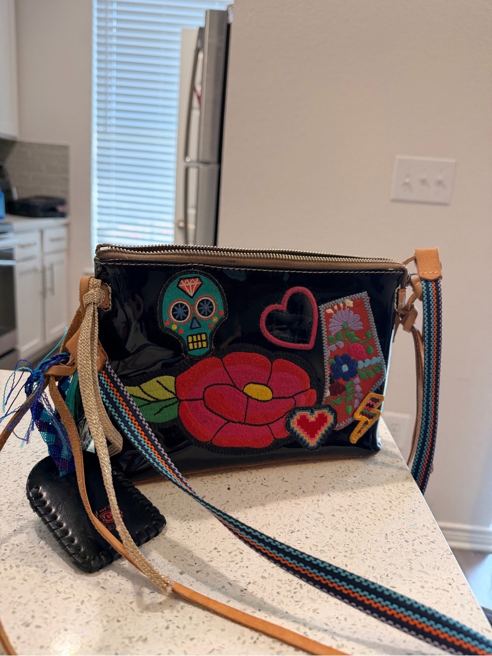 Consuela Black Crossbody with Colorful Floral & Sugar Skull Patches